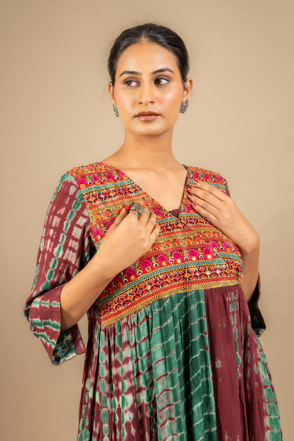 Rayon Shibpur effect frock overlap pattern with thread and mirror small bead work on yoke