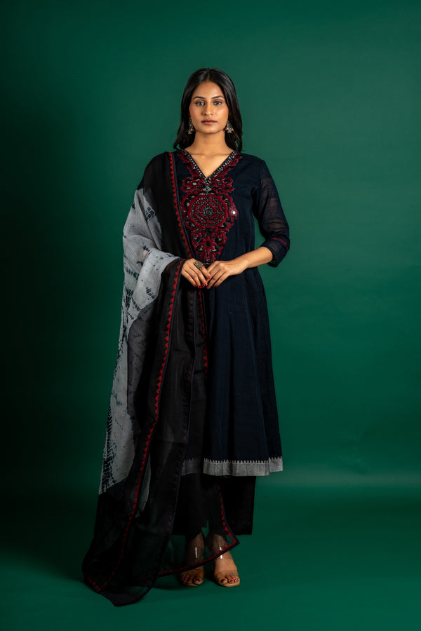 Black handloom Kali top with thread and mirror embossing work on neck, Kota dupatta combination of grey and black with maroon, with black pant