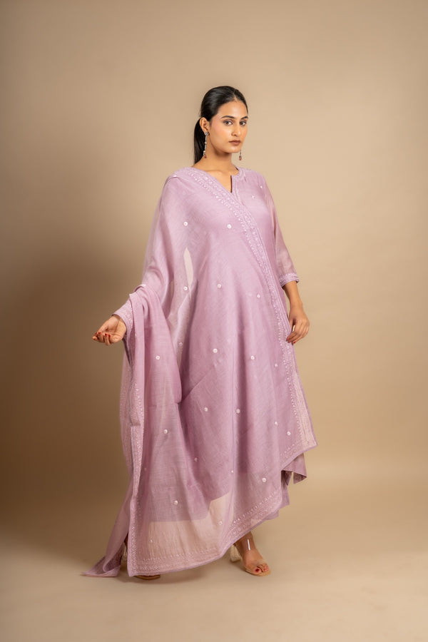 Mauve Chanderi cotton A-line top with thread work and rayon pant, same shade Chanderi cotton dupatta with work