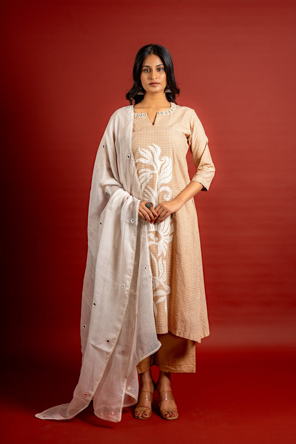 Handloom A-line top with patch work and mirror line on the neck with Kota dupatta with mirror work with cotton pant