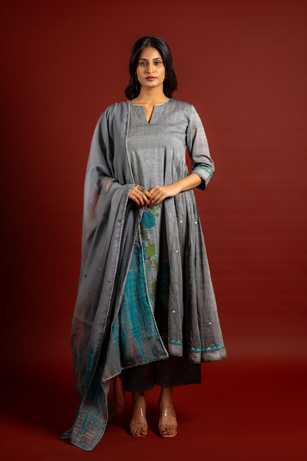 Grey panel with Kali handloom top with patch work and highlighted with sequin and beads, tie and dye Kota dupatta and cotton pant
