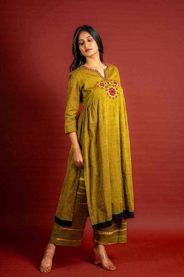 Mehendi green handloom panel with side gather top with thread and mirror work on neck with cotton tie and dye pant