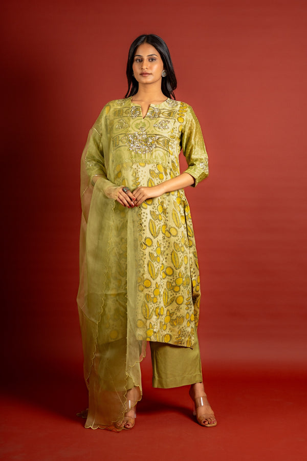 Light green Chanderi printed panel top with sequin work on yoke, organza dupatta with sequin work and rayon pant