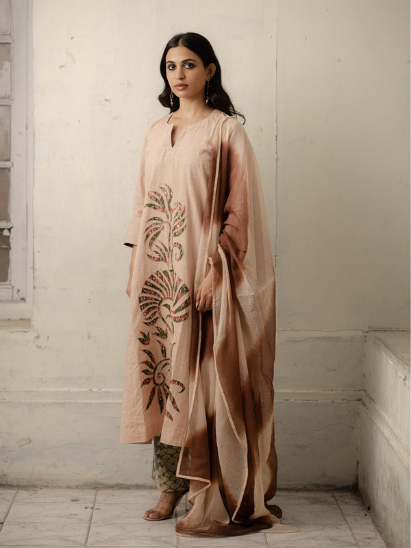 Beige Hand-Woven Cotton Kurti with Patchwork, Printed Pants and Shaded Dupatta