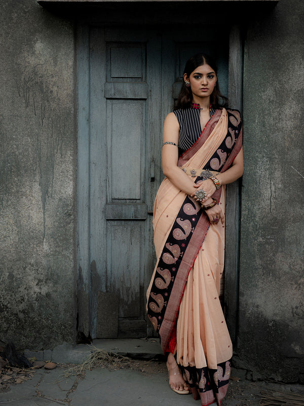 Beige Handwoven Cotton Saree with Contrast Border, Blouse, Pants