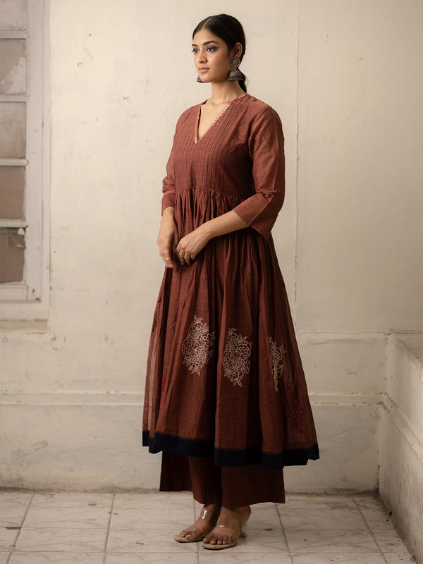 Brown Hand-Woven Cotton Kurti with Gota Embroidery and Monochrome Hand-Woven Cotton Pants