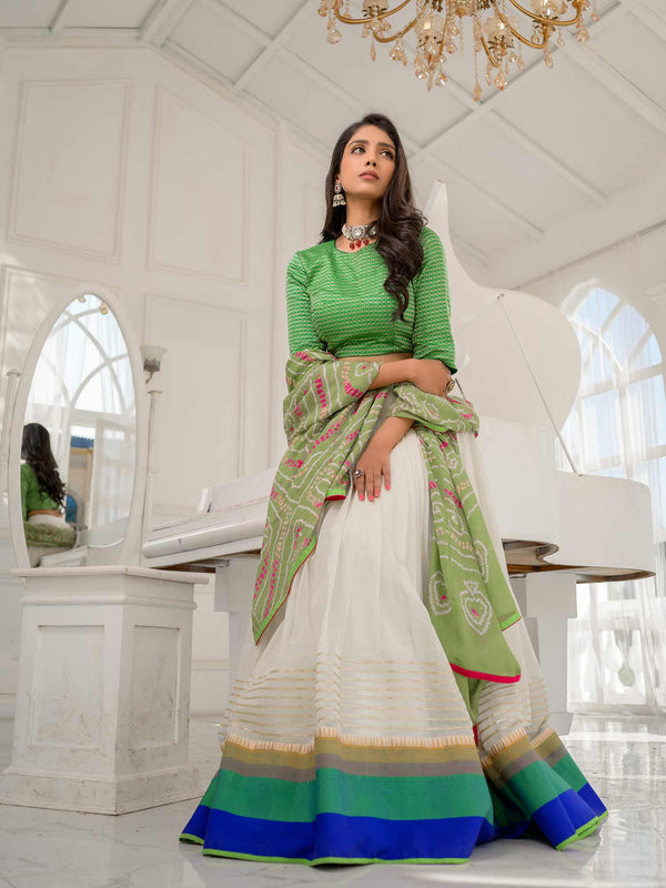 Cream Handwoven Cotton Lehenga with Kanchi Blouse and Dupatta