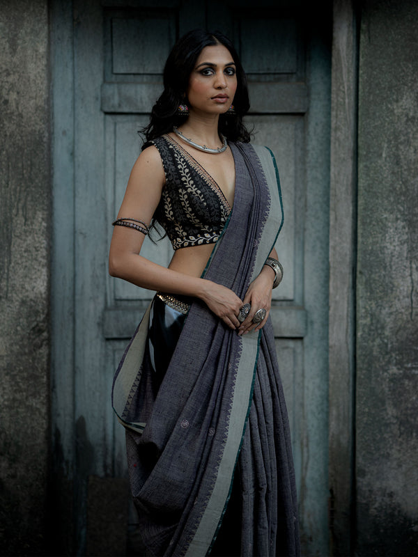 Grey Handwoven Khadi Cotton Saree with Black Blouse and Pants