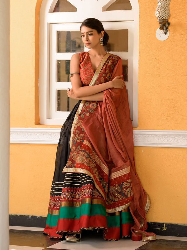 Handwoven Cotton Lehenga with Brocade Blouse and Kalamkari Dupatta