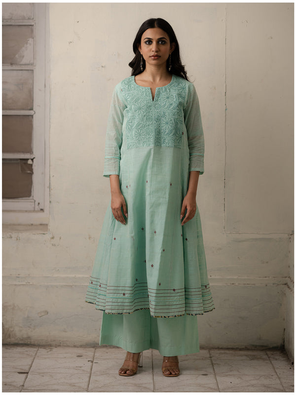 Ice Blue Hand-Woven Cotton Kurti and Pants with Delicate Chikankari Work