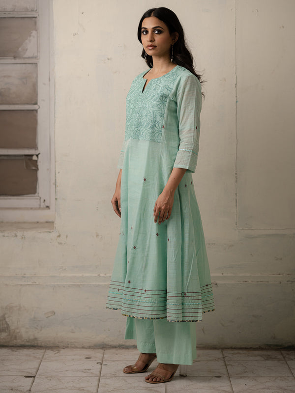 Ice Blue Hand-Woven Cotton Kurti and Pants with Delicate Chikankari Work