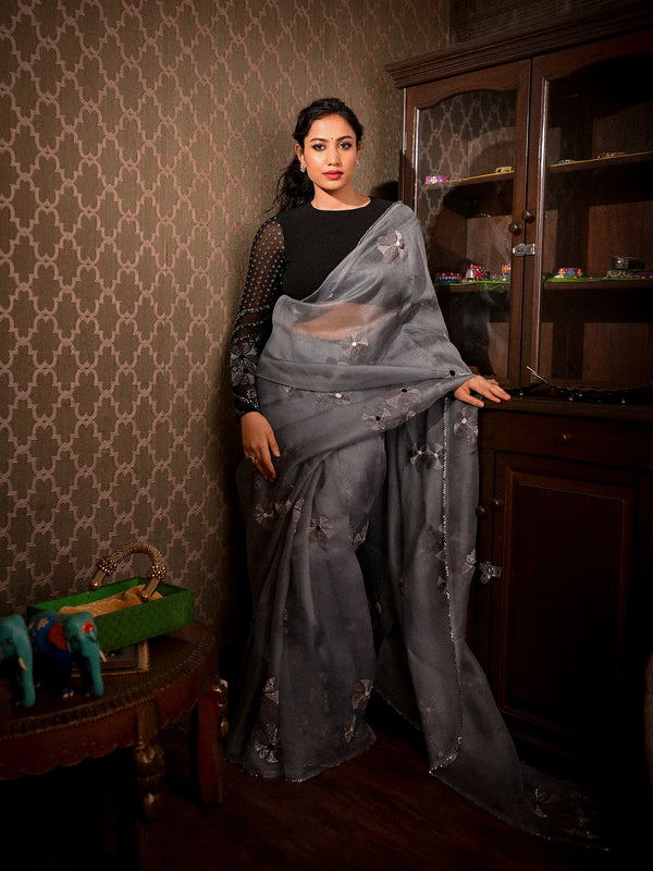 Look Ethereal in Sheer Grey Organza Saree with Black Blouse