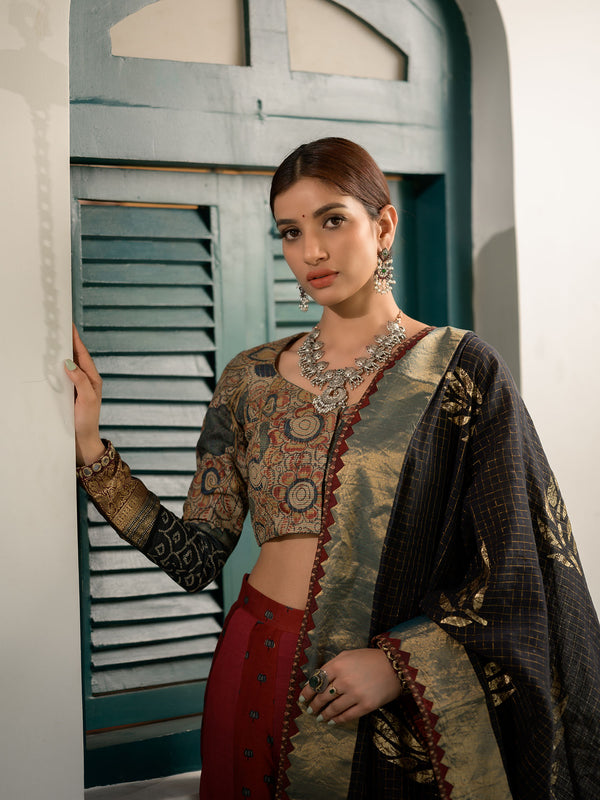 Maroon Kalidar Ajrakh Print Lehenga with Smart Blouse and Dupatta