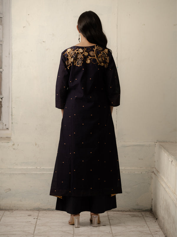 Navy Blue Hand-Woven Cotton Kurti and Pants Set with Motifs of Patchwork