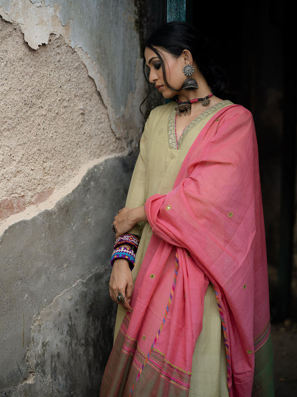 Pastel Green Handwoven Cotton Kurti With Mirror Work, Dupatta