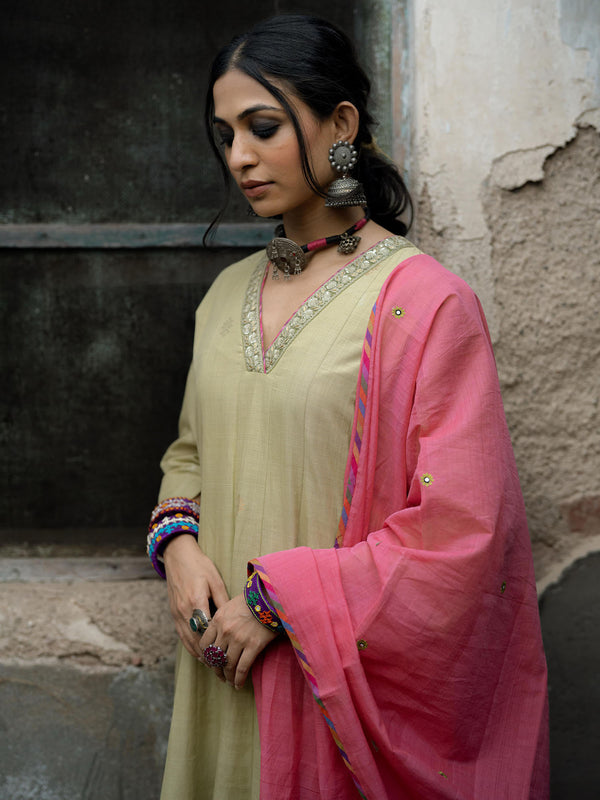 Pastel Green Handwoven Cotton Kurti With Mirror Work, Dupatta