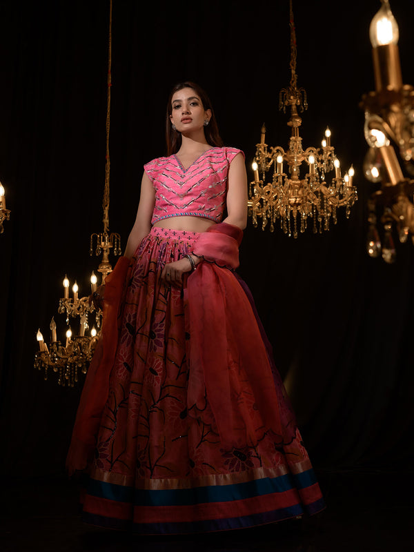 Hand Embroidered printed Lehenga with Blouse and Shaded Organza Dupatta
