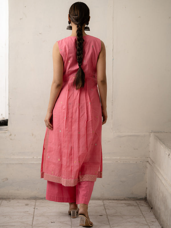 Pink Hand-Woven Cotton Kurti with Embroidery with Pants