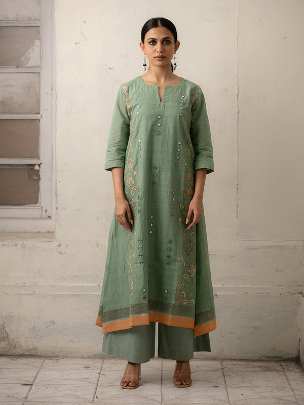 Sage Green Hand-Woven Cotton Kurti Set with Patchwork and Mirror Embroidery