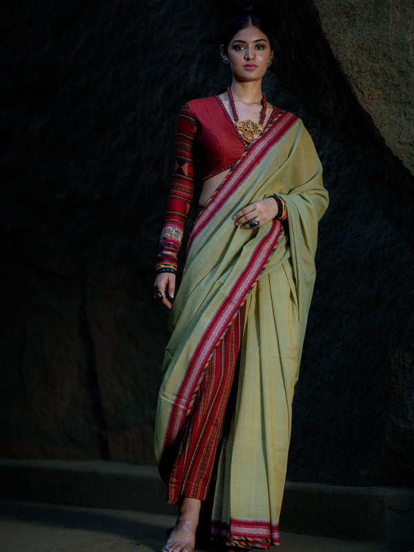 Sage Green Handwoven Cotton Saree with Red Blouse and Pants