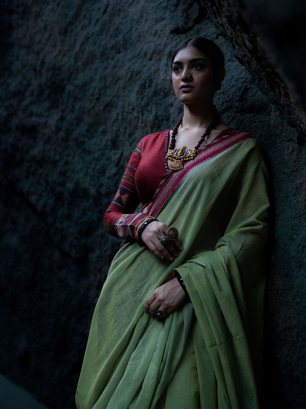 Sage Green Handwoven Cotton Saree with Red Blouse and Pants