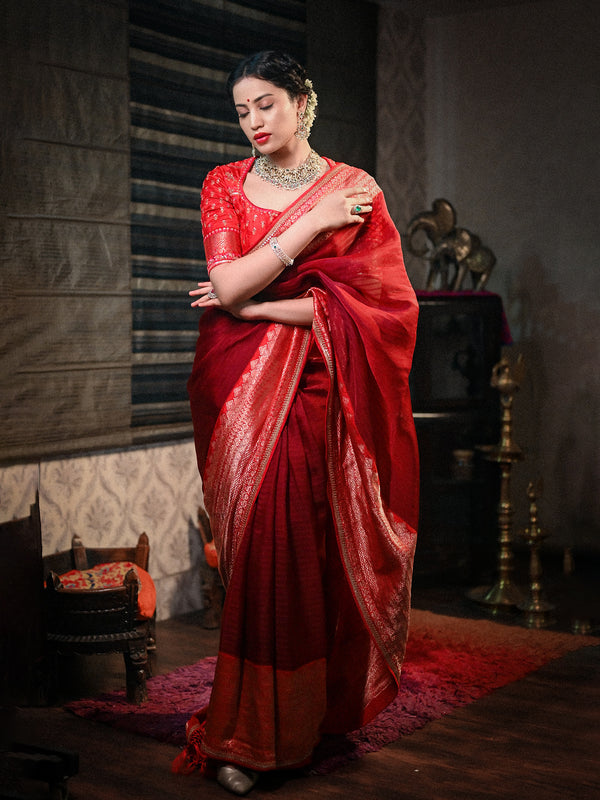 The Splendid Grandeur of a Red Kora Banarasi Saree