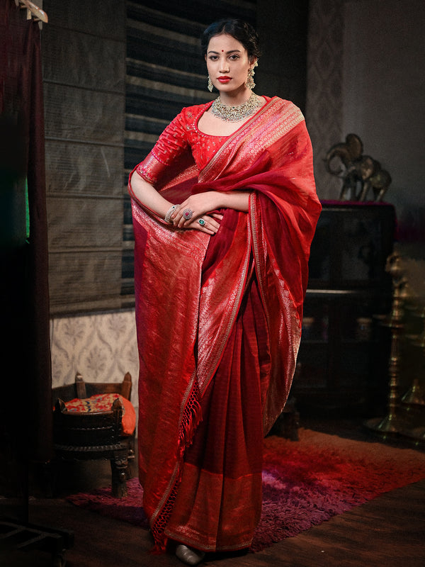 The Splendid Grandeur of a Red Kora Banarasi Saree