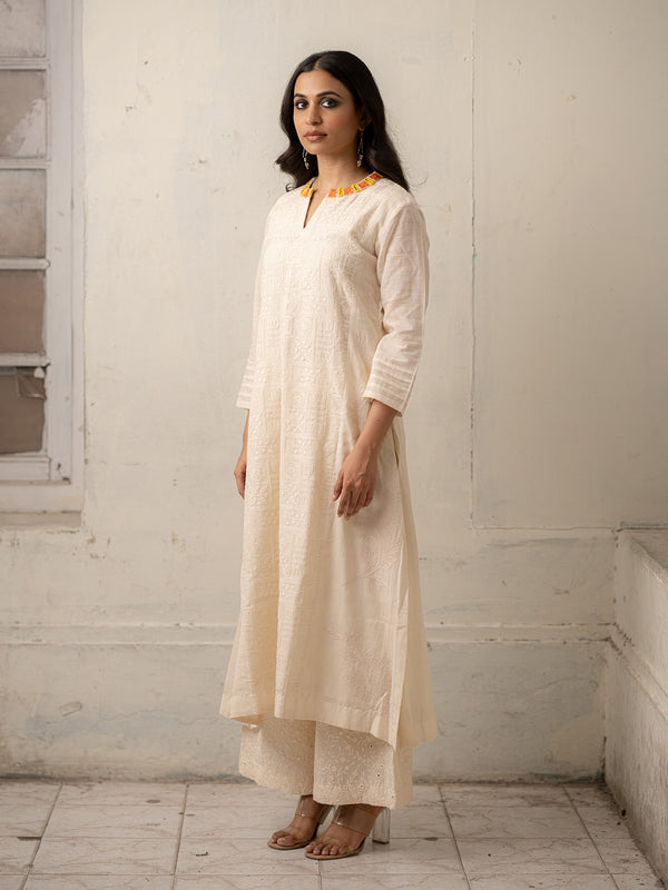 White Chanderi Hand-Woven Cotton and Khadi Kurti and Pants with Embroidery