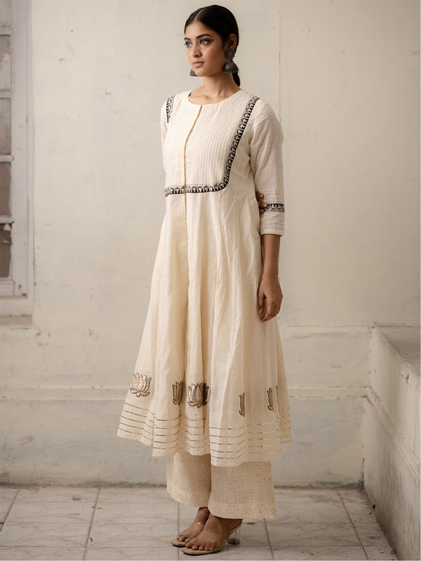 White Hand-Woven Cotton Two-Piece Kurti set with Gota Work and Thread Embroidery