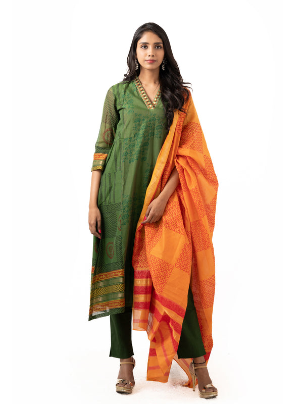 Maheshwari cotton printed dress with dupatta and stretchable pants