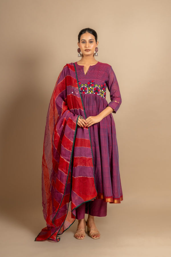 Purple pink handloom Kali top with tiny mirror and thread embossing work with tie and dye Kota dupatta with mirror, cotton pant