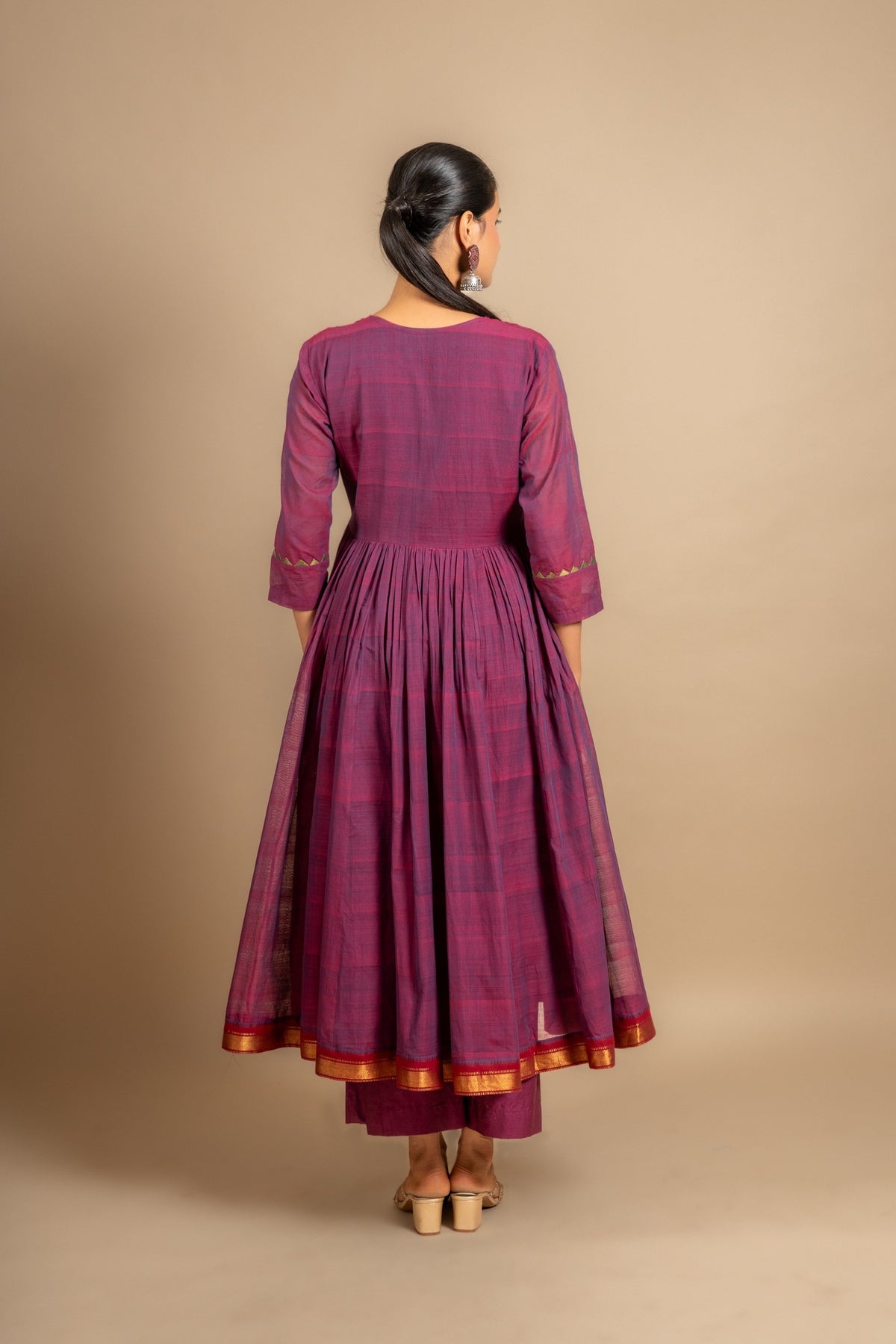 Purple pink handloom Kali top with tiny mirror and thread embossing work with tie and dye Kota dupatta with mirror, cotton pant