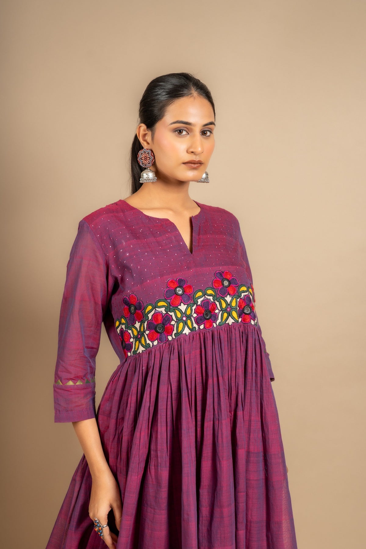 Purple pink handloom Kali top with tiny mirror and thread embossing work with tie and dye Kota dupatta with mirror, cotton pant