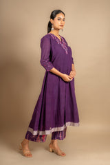 Purple handloom Kali top with thread embroidery on neck and tie and dye pant