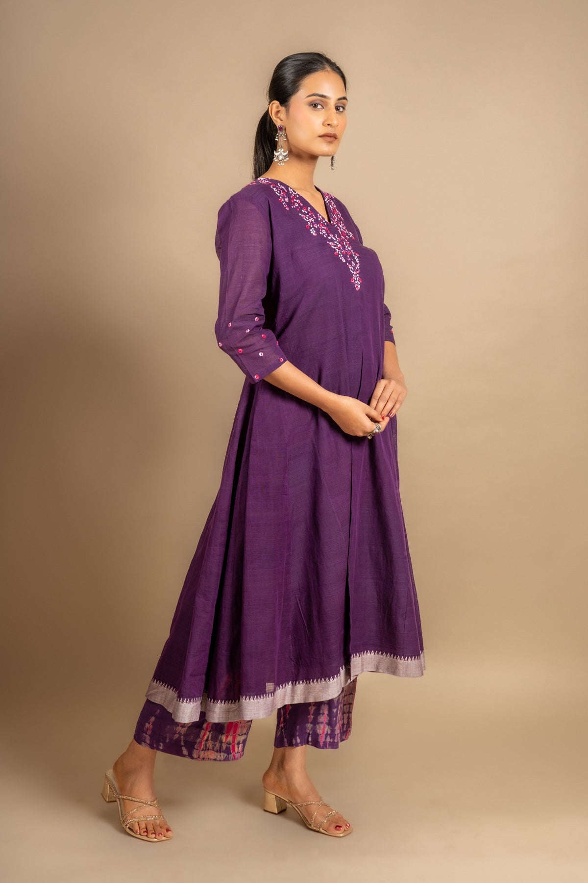 Purple handloom Kali top with thread embroidery on neck and tie and dye pant