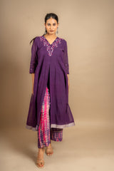 Purple handloom Kali top with thread embroidery on neck and tie and dye pant