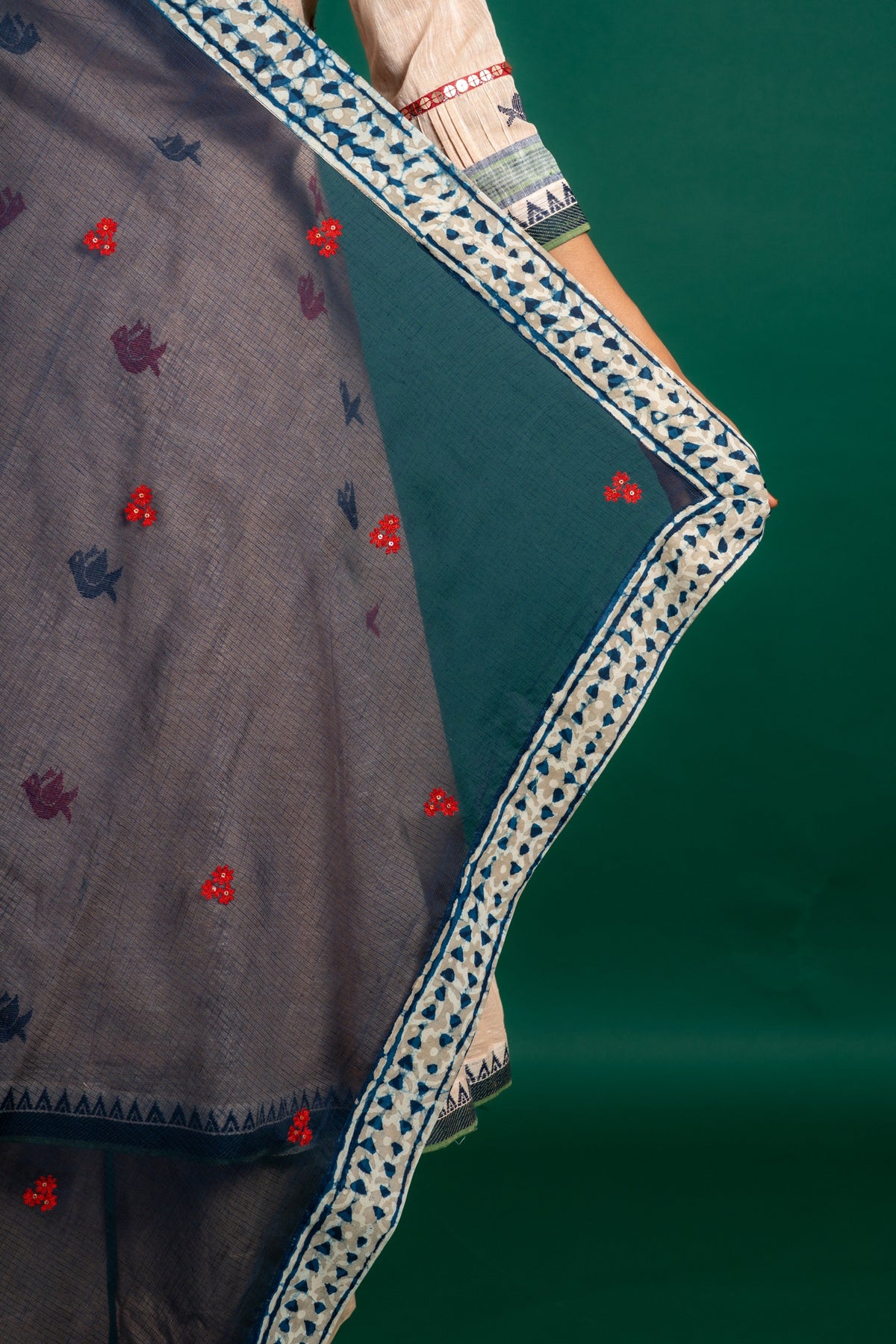 Handloom Kali top with indigo blue Kota dupatta with thread work, with simple detailing on the neck and sleeve