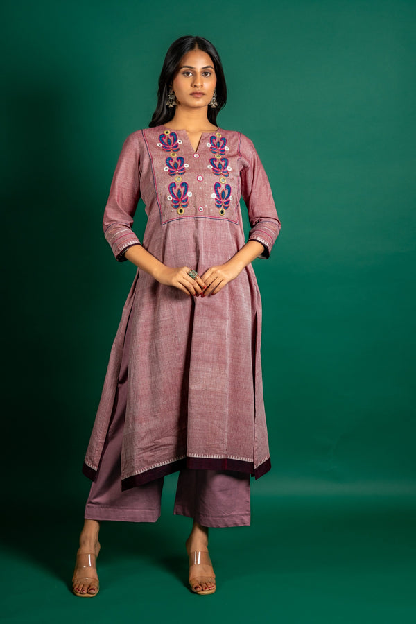 Handloom A-line top patch work with mirror work on yoke, cotton pant