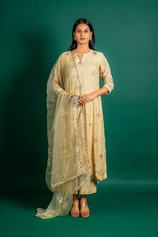 Light yellow Chanderi cotton A-line, all over thread work, little sequin work and organza dupatta with rayon pant