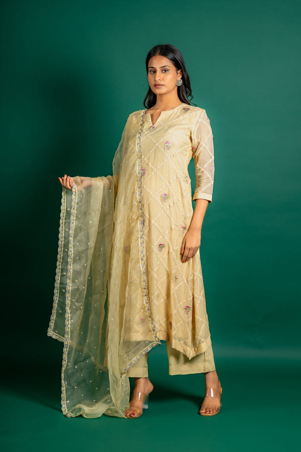 Light yellow Chanderi cotton A-line, all over thread work, little sequin work and organza dupatta with rayon pant