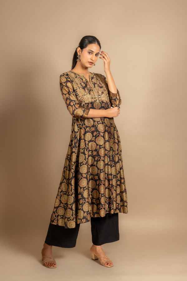 Chanderi black with green printed Kali top with zari with sequin work on yoke, rayon pant