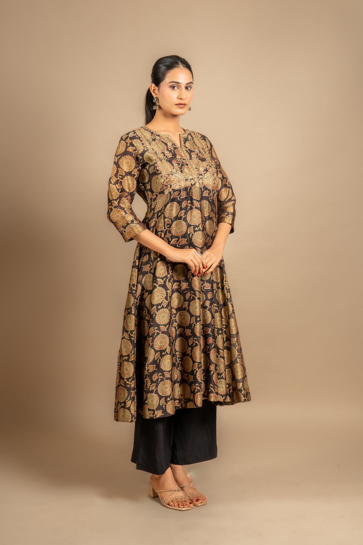 Chanderi black with green printed Kali top with zari with sequin work on yoke, rayon pant