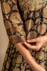 Chanderi black with green printed Kali top with zari with sequin work on yoke, rayon pant