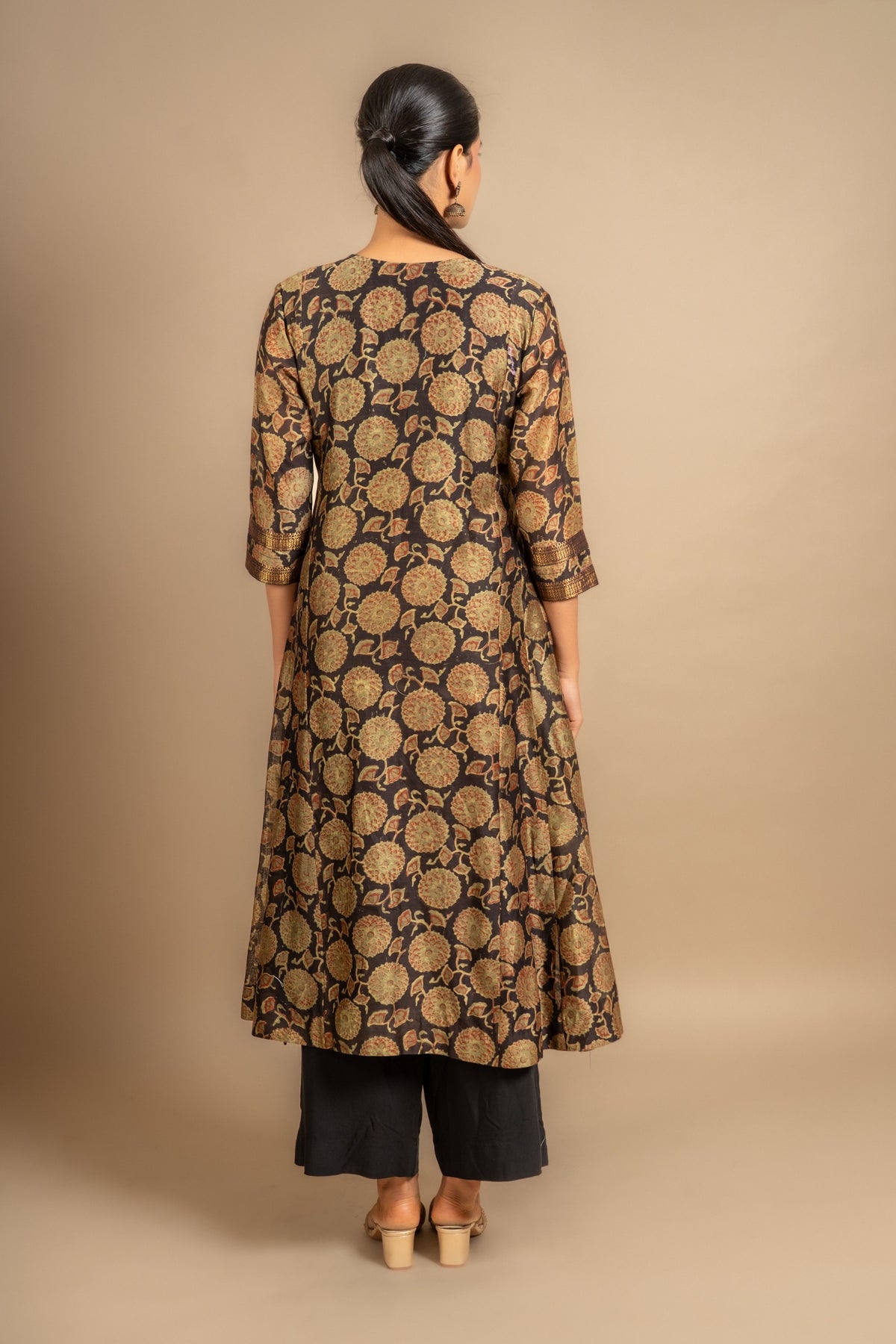 Chanderi black with green printed Kali top with zari with sequin work on yoke, rayon pant