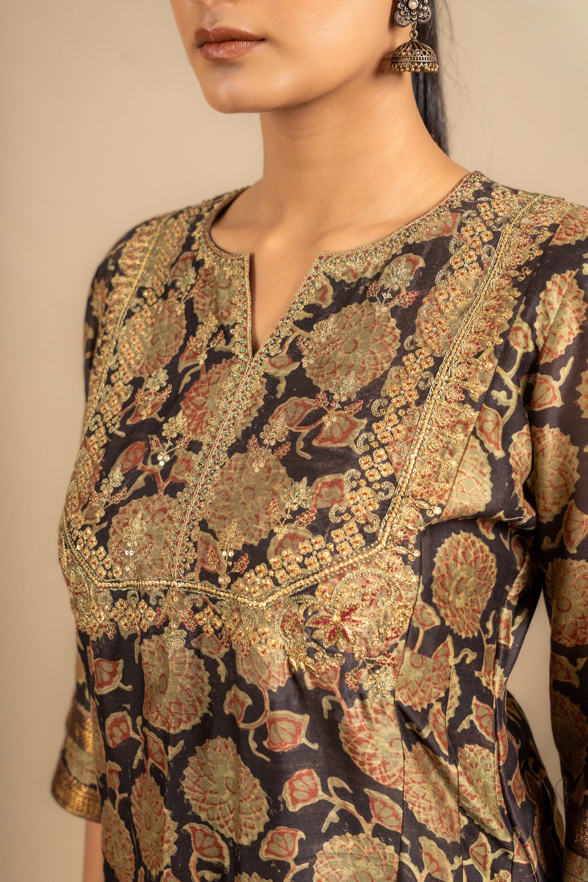 Chanderi black with green printed Kali top with zari with sequin work on yoke, rayon pant