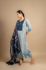 Handloom straight cut top grey with blue combo with thread and mirror work on yoke, blue Kota dupatta tie and dye, cotton pant