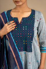 Handloom straight cut top grey with blue combo with thread and mirror work on yoke, blue Kota dupatta tie and dye, cotton pant