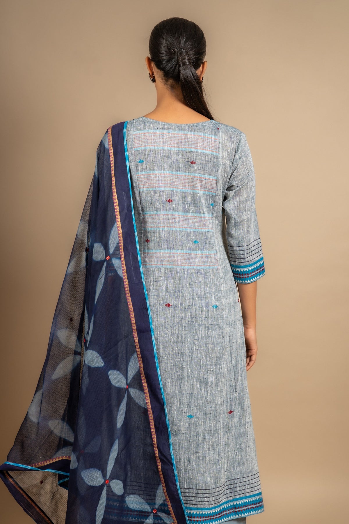 Handloom straight cut top grey with blue combo with thread and mirror work on yoke, blue Kota dupatta tie and dye, cotton pant