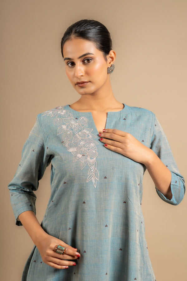 Greyish blue panel with Kali handloom top with thread and sequin work and cotton pant with thread buti