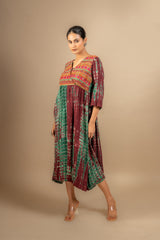 Rayon Shibpur effect frock overlap pattern with thread and mirror small bead work on yoke